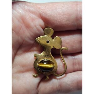 *Sale* Vintage Gold Tone Mouse Brooch Tiger's Eye Jelly Belly Accent